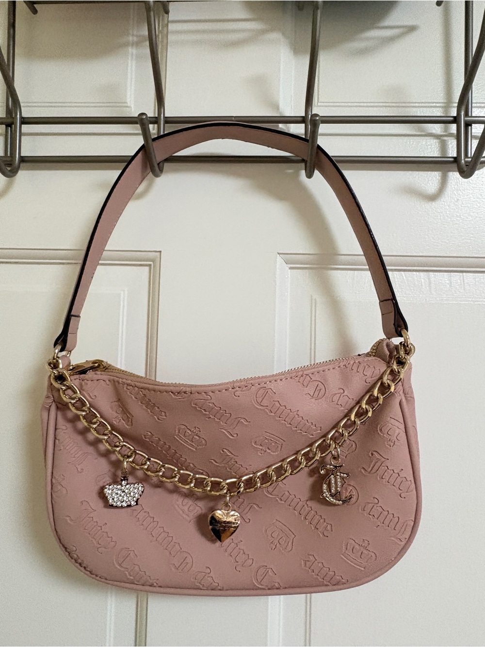Juicy Couture Dusty Pink Embossed Shoulder Bag with Gold Charm Chain